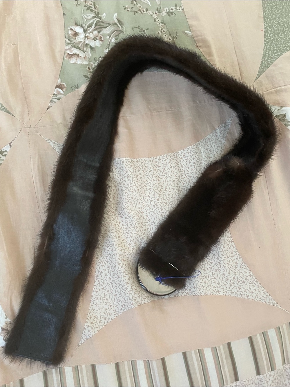 Dark Brown Mink Fur Belt with Round “Ebonite” Accent Hook Buckle sz M/ L